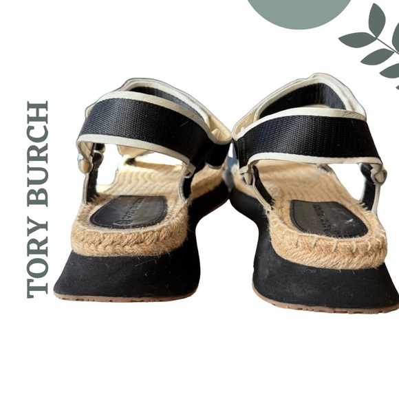 Tory Burch Black White Tan Espadrille Platform Sandals Velcro Closure Size 10 - Picture 7 of 10